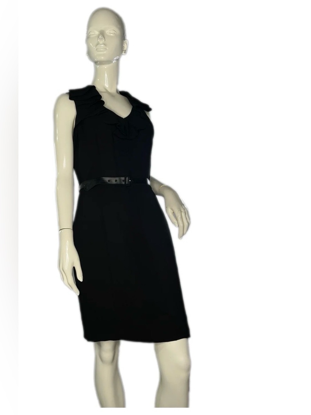 Calvin Klein Black Ruffle Neck Belted Sheath Dress Sleeveless Size 12 Large